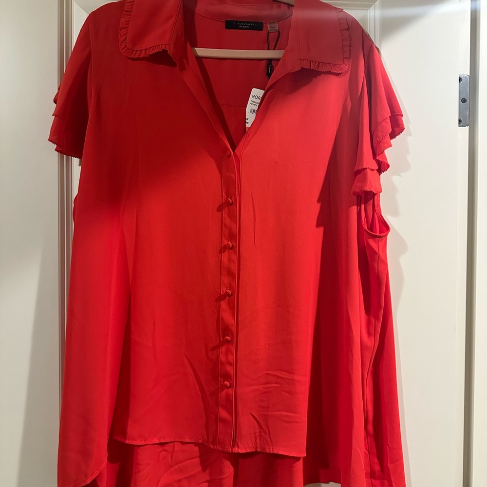 T Tahari Red Cold-Shoulder Button-Down Blouse